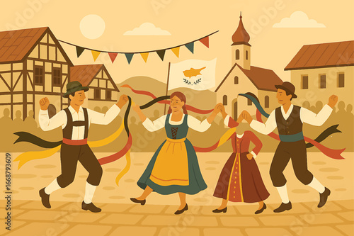 Bavarian village fair scene with traditional costumes banner