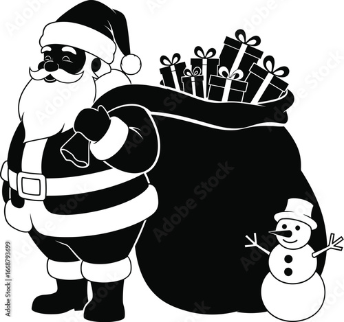 Christmas santa claus vector art of santa claus carrying a sack full of gifts with a snowman vector