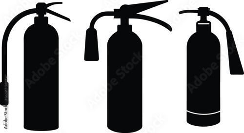 
Fire extinguisher silhouette vector on white. fire extinguishers lined up showing different stages of readiness and operation
