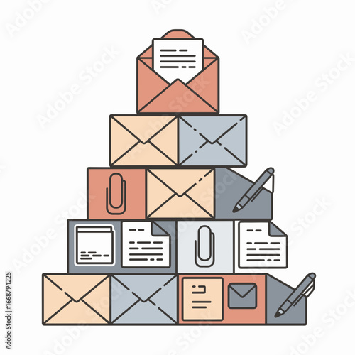 Flat design stack of mail icons with envelopes papers pens and paperclips in blue tones