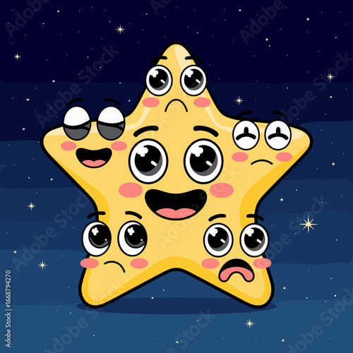 Vector cartoon star character with happy sad sleepy and excited expressions on deep blue sky background