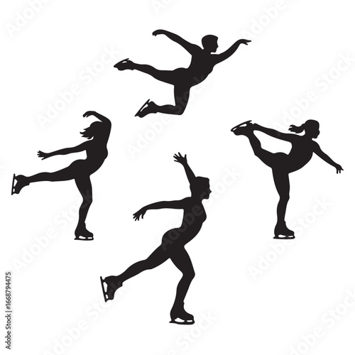 Four black silhouettes of figure skaters performing on ice figure skating ice skating
