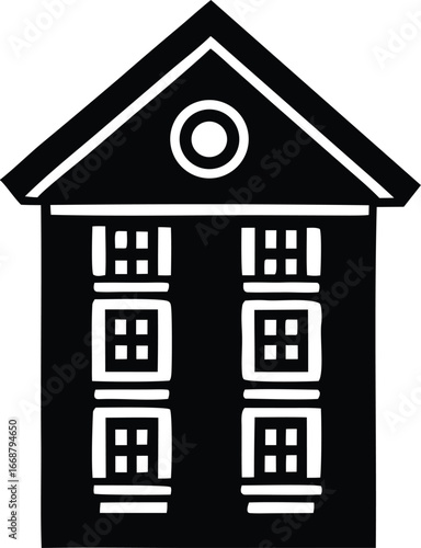 Classic school building icon facade with rows of windows and gable roof architectural symbol