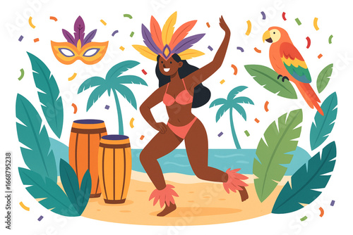 Brazil carnival samba dancer vector illustration with mask and tropical elements