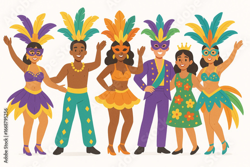 Brazilian carnival group vector illustration with colorful costumes and masks