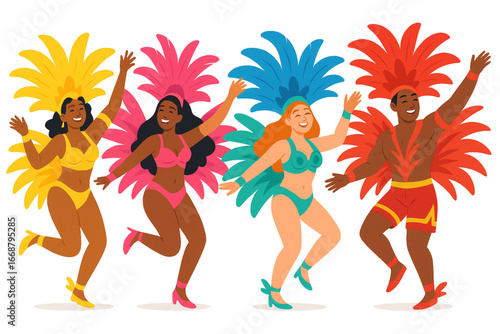Colorful carnival dancers vector illustration in vibrant feather costumes