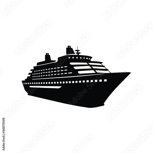 Black and white graphic illustration of a large cruise ship silhouette, cruise ship illustration silhouette