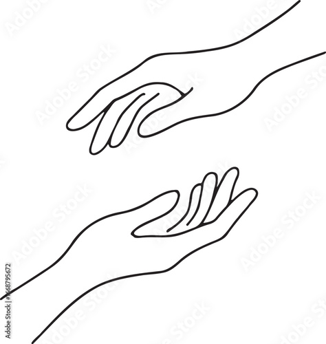 Vector art of minimalist line art illustration of two hands reaching out, , conveying connection, help, and support in human relationships