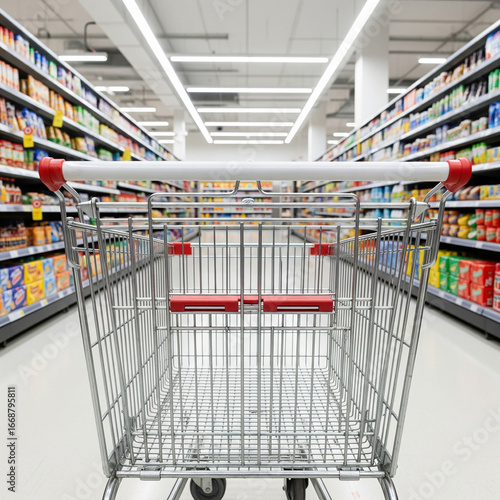 Wallpaper Mural empty shopping cart in supermarket. Empty metal shopping cart in a modern supermarket aisle, clean commercial environment, minimalist design. Torontodigital.ca