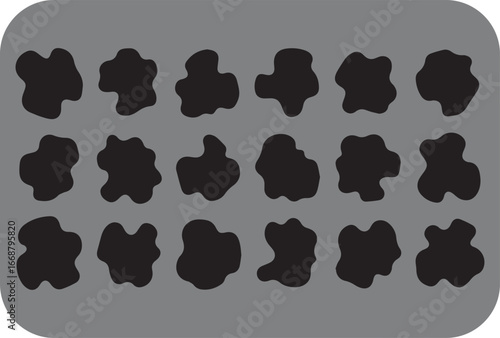 A grid of fifteen irregular black ink blots or splatters arranged in three rows on a muted grey background with rounded corners suggesting abstract art or a test pattern