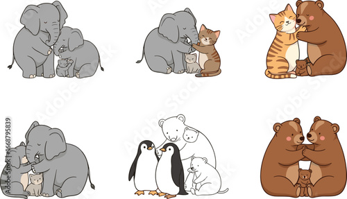 Cute animal family hugging together – elephant, cat, bear, penguin, polar bear with baby animals in love and cuddling pose, vector illustration