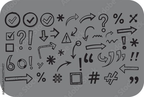 A collection of hand drawn doodle icons and symbols including checkmarks question marks exclamation points arrows and other punctuation marks on a grey background