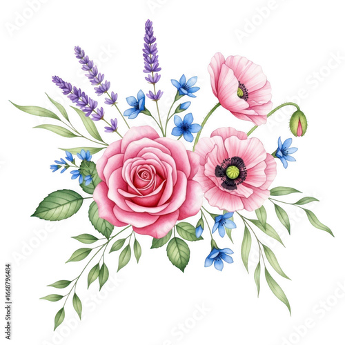 Pink rose, poppy and lavender floral bouquet isolated on transparent background