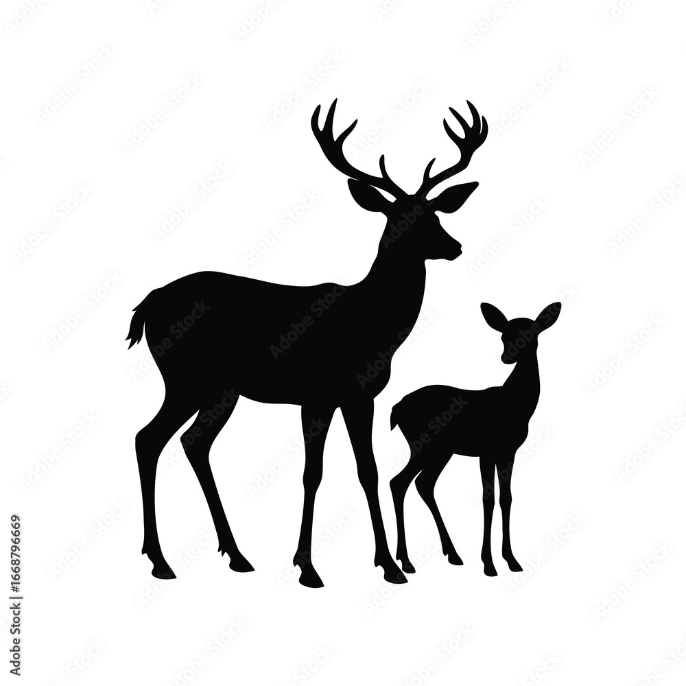 Obraz premium Silhouette of a Deer and Fawn Standing Together in Perfect Harmony, deer with young fawn in spring illustration silhouette