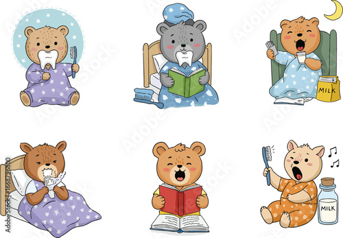 Cute cartoon bears bedtime routine, brushing teeth, reading books, drinking milk, singing, nighttime activities, children's health, bedtime stories, kids education