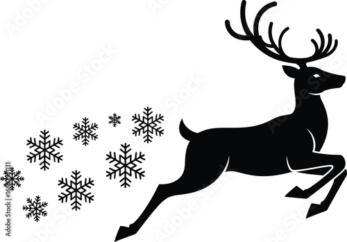 Christmas reindeer vector art of silhouette of a jumping deer with snowflakes for christmas and winter holiday designs vector