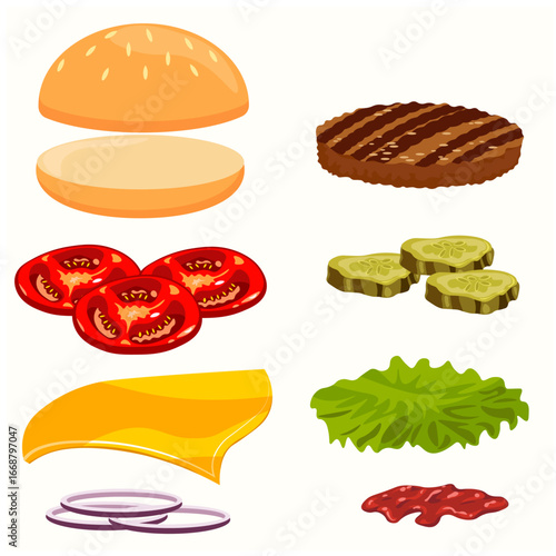 set hamburger booth tomato cucumber onion ketchup