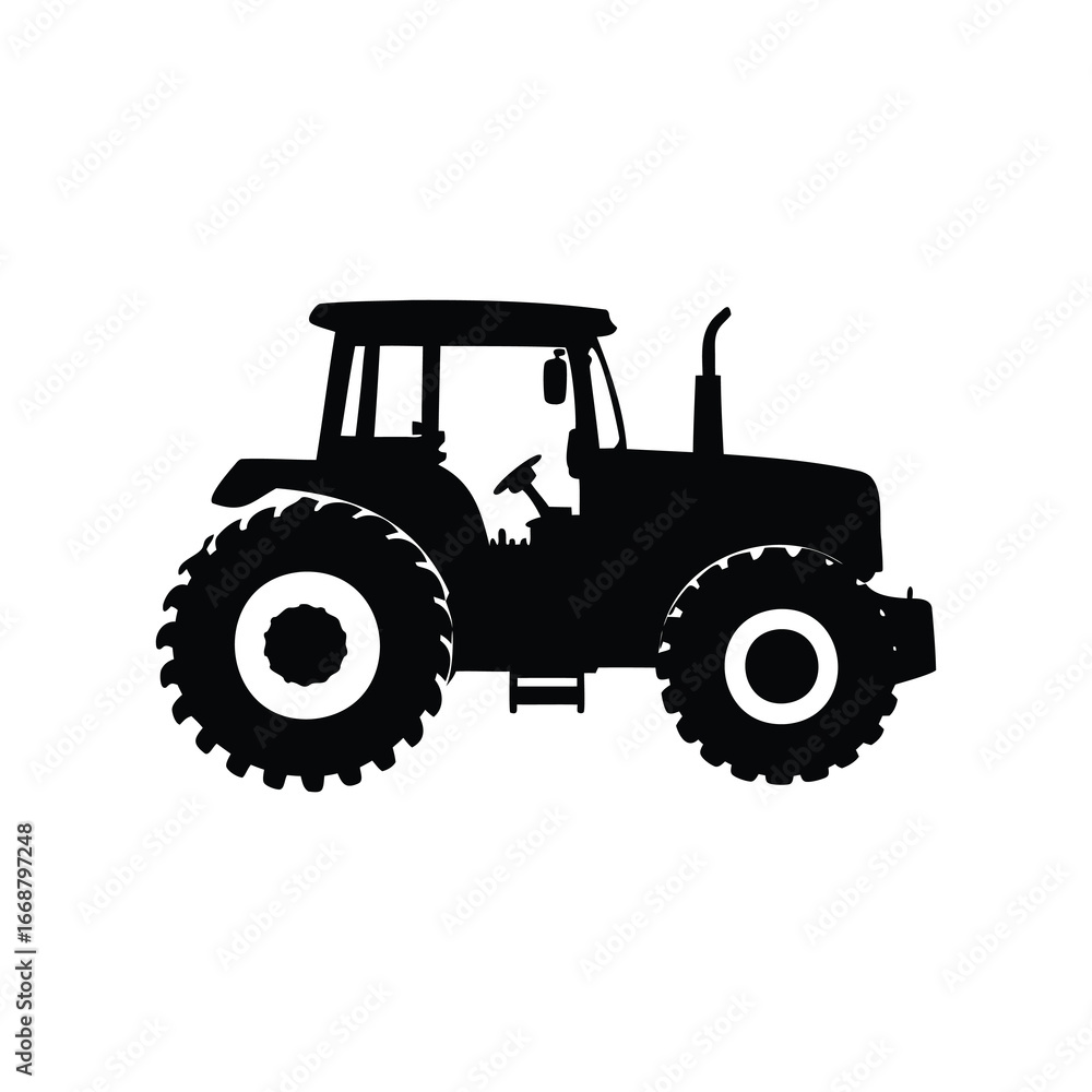 Silhouette of a heavyduty agricultural tractor with large wheels and exhaust pipe, farm tractor with plow illustration silhouette Silhouette of a heavyduty agricultural tractor with large wheels and exhaust pipe, farm tractor with plow illustration silhouette