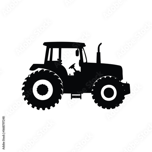 Silhouette of a heavyduty agricultural tractor with large wheels and exhaust pipe, farm tractor with plow illustration silhouette