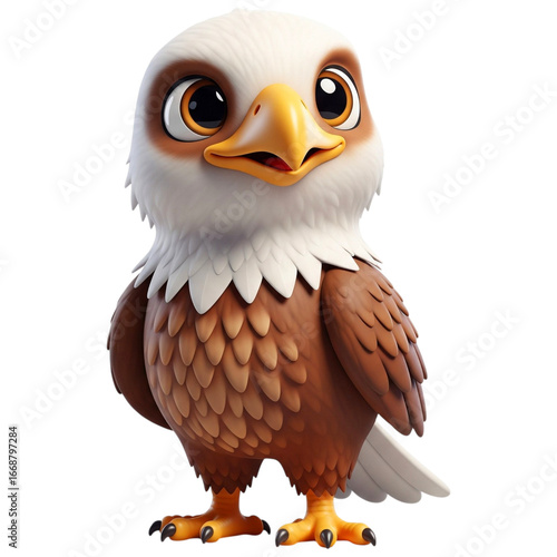 A delightful 3D cartoon eagle featuring large, expressive yellow eyes, a bright orange beak, and a mix of white and brown feathers. Its friendly expression and detailed design make it ideal for childr