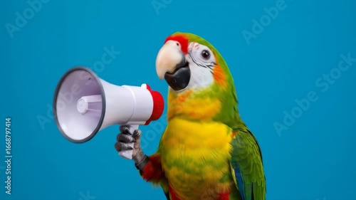 Parrot Announcing News with Megaphone - A vibrant parrot holds a megaphone, appearing to announce important news against a bright blue background.
