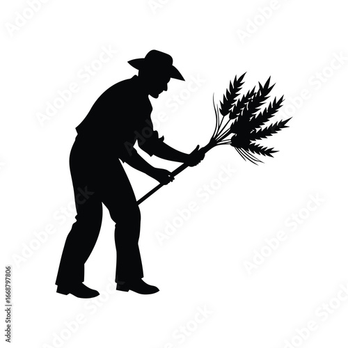 Silhouette of a farmer holding harvested wheat, showcasing rural agricultural work, farmer harvesting wheat illustration silhouette