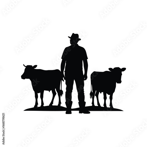 Black silhouette farmer standing among his cows on the farm land, farmer with dairy cows illustration silhouette