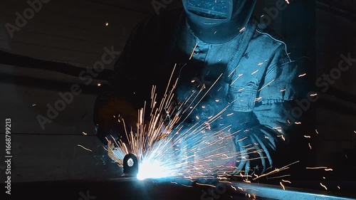 Welder in protective gear working with metal, creating bright sparks in workshop. Industrial craftsmanship and manual labor in action