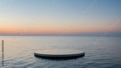 Circular platform floating on calm water at sunset