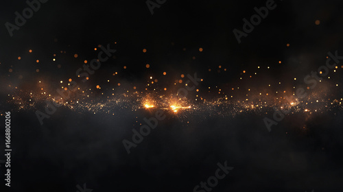 Golden sparks and embers glowing in the dark night sky