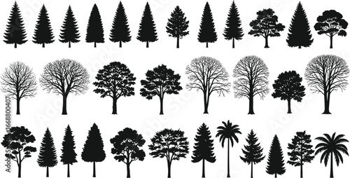 PrintBlack tree silhouettes collection featuring pine, palm, and leafy trees, perfect for nature designs, backgrounds, logos, and environmental projects.