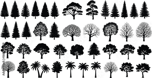 PrintBlack tree silhouettes collection with pine, palm, deciduous, and bare trees, ideal for nature designs, backgrounds, logos, environmental projects, and landscape illustrations.