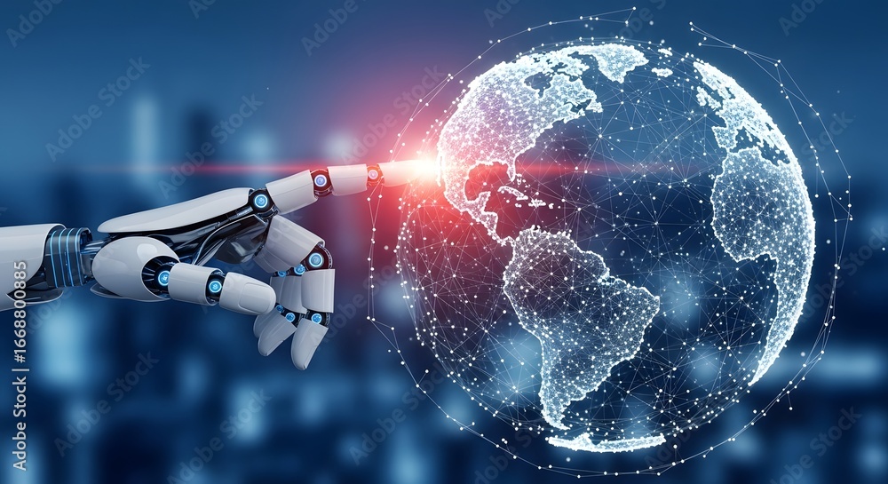 Naklejka premium Robotic Hand Interacting with Digital Earth Global Network Concept