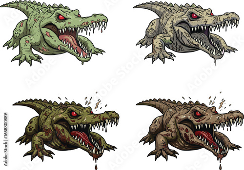 Cartoon crocodile vector set with fierce expressions, red eyes, sharp teeth, dripping saliva, aggressive poses, horror animal design for Halloween.