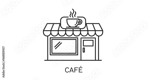 Minimalist Line Art Illustration of a Café Building with a Cup of Coffee, Perfect for Coffee Shop Branding, Restaurant Menus, and Creative Design Projects.