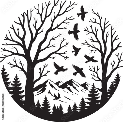tree silhouettes of various trees on white background