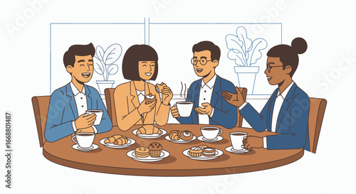 Diverse Team Meeting Over Coffee and Pastries, Fostering Collaboration and Innovation in a Relaxed Setting, Perfect for Corporate Communications and Team Building Materials