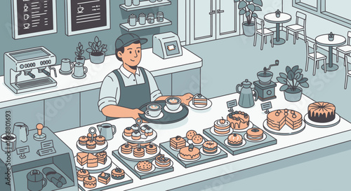 Cozy Coffee Shop Illustration Featuring a Barista Serving Cakes and Coffee, Ideal for Menu Design, Cafe Promotion, or Creating a Welcoming Atmosphere in Digital Marketing