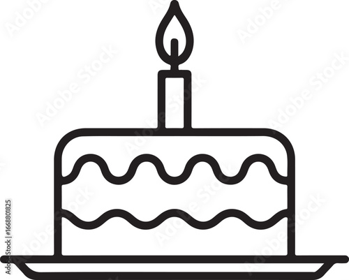 Simple line drawing of a two tiered birthday cake with a single lit candle