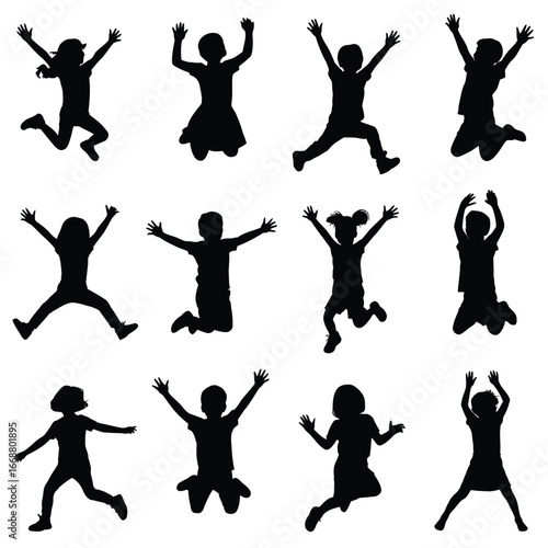 Children jumping joyful celebration silhouettes