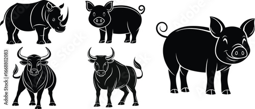 Animal Silhouettes - Rhino, Pig, and Bull Vector Illustrations Set
