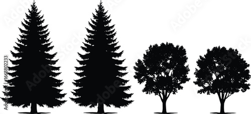 PrintSilhouettes of evergreen and deciduous trees, vector illustration for forest landscape design, nature elements, black trees isolated on white background