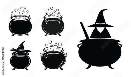 Set of Black Witch Cauldron Silhouettes with Bubbles and Hats - Halloween Vector Icons
