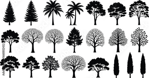 PrintSilhouettes of twenty different tree species with unique shapes, including coniferous, deciduous, palm, and columnar types isolated on white background