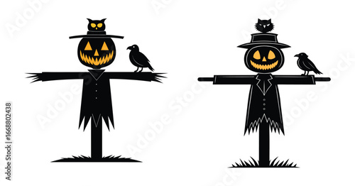 Spooky Scarecrow Silhouettes with Jack-o'-Lantern Heads - Halloween Vector Illustrations