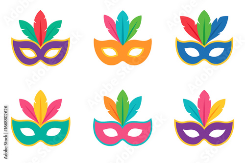 Rio de Janeiro carnival mask vector icon set with feathers and bright colors
