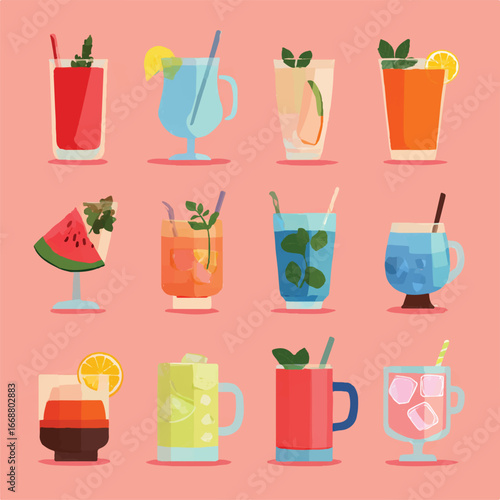 Collection of Refreshing Summer Cocktails and Mocktails in Various Glassware on a Pink Background
