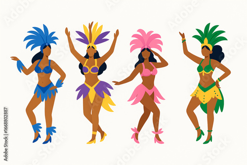 Brazilian samba dancers vector illustration set in traditional costumes