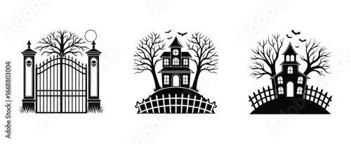 Spooky Haunted House and Cemetery Gate Silhouettes - Halloween Black and White Vector Collection
