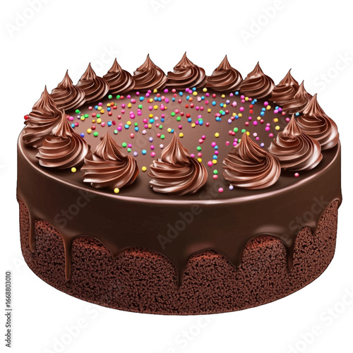 A decadent chocolate cake with glossy ganache frosting, piped swirls, and colorful rainbow sprinkles on top.